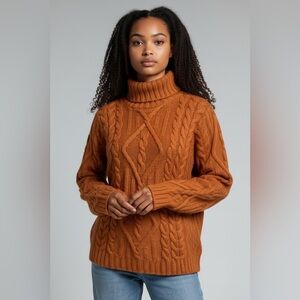 INIS CRAFTS Rust orange 100% Merino Wool cable knit turtleneck sweater size S
